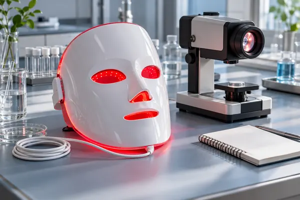 KI-Illustration: Eine LED-Maske neben einem optischen Messgerät auf einem Labortisch
